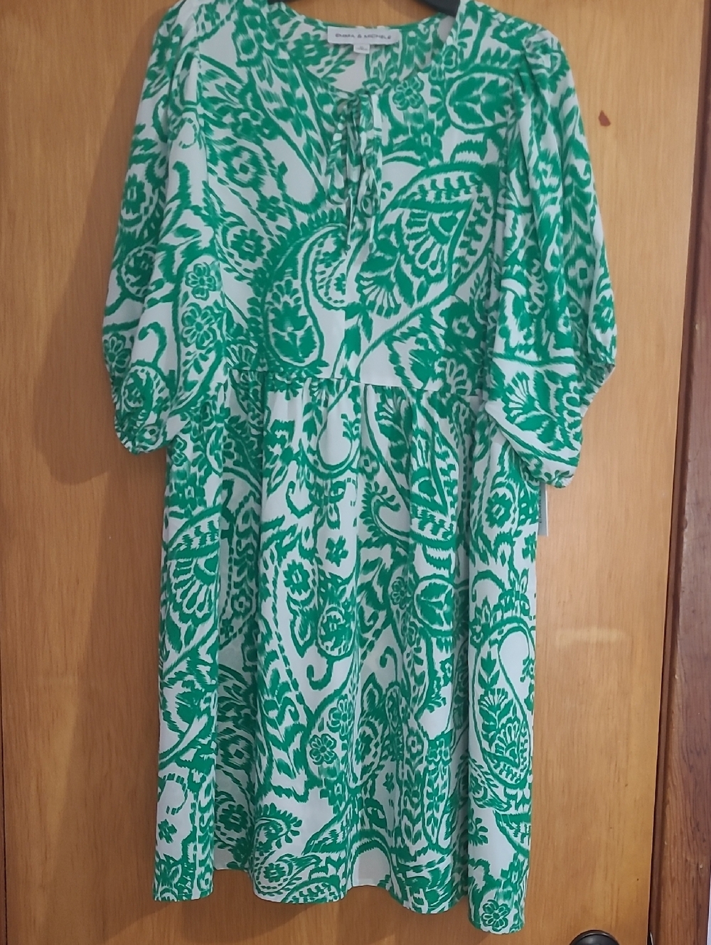 Emma & Michele Green and White Paisley Tie-Neck Dress